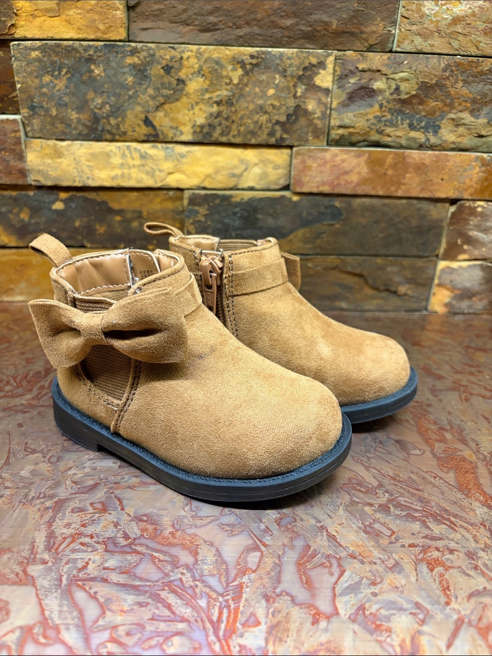GAP Baby Girls Tan Bow Suede Ankle Boots, Twin Girl
